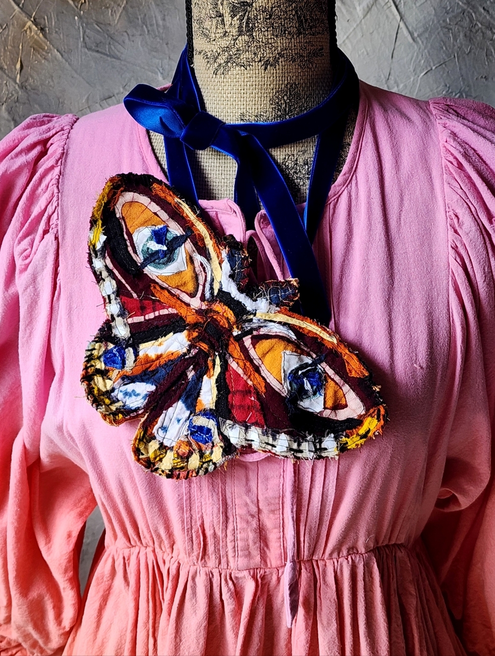 Boho Blue Velvet Jabot Butterfly Necklace/Belt Upcycled Vintage Moth Artisan
